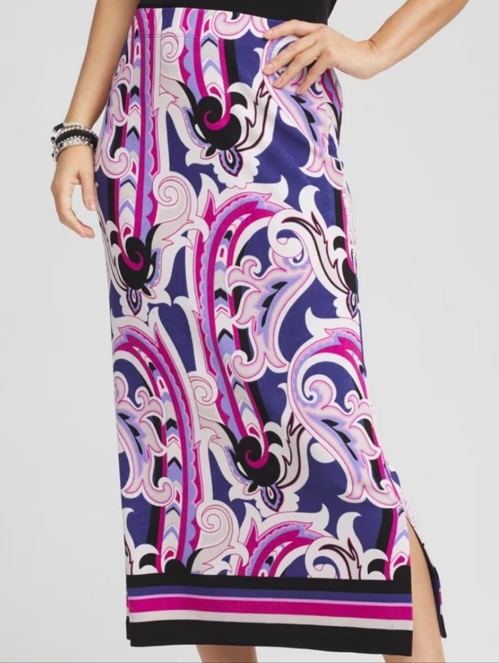 Chico's Travelers Paisley Travel Knit Skirt Purple Liquid Midi Classic Sz 2 L